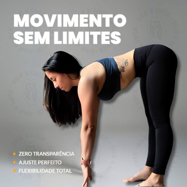 Calça legging feminina preta da Silk & Luck em ação, a mostrar o ajuste perfeito e a total liberdade de movimento durante um alongamento, garantindo conforto e zero transparência.